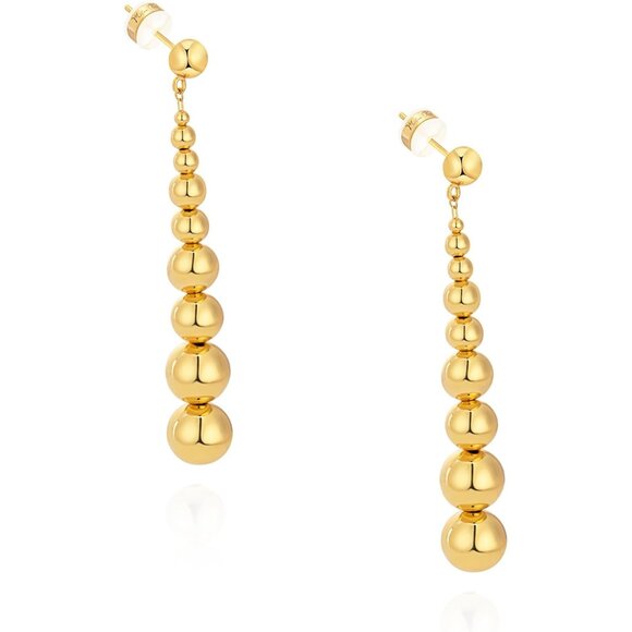 Long Gold Beaded Dangle Drop Minimalist Earrings for Women Trendy Jewelry - Picture 1 of 5